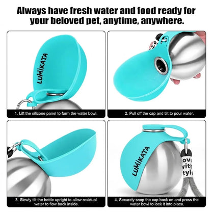 Lumikata 2-in-1 Portable Dog Water Bottle - 10 oz Stainless Steel with Silicone Foldable Bowl, Leak-Proof Design for Small Dogs, Ideal for Walking and Feeding