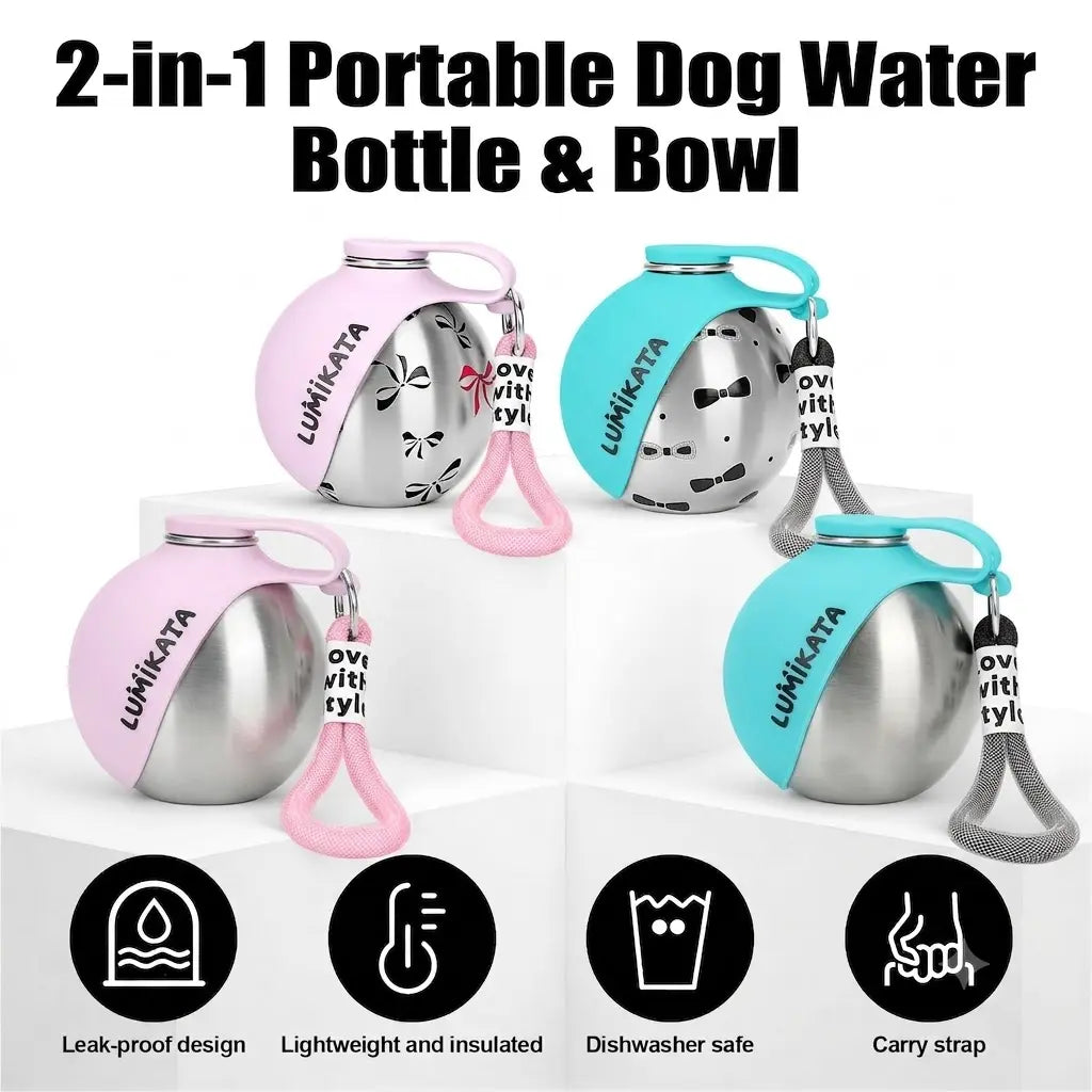 Lumikata 2-in-1 Portable Dog Water Bottle - 10 oz Stainless Steel with Silicone Foldable Bowl, Leak-Proof Design for Small Dogs, Ideal for Walking and Feeding