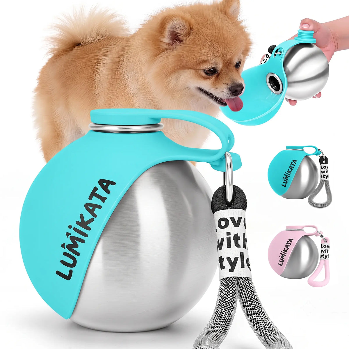 Lumikata 2-in-1 Portable Dog Water Bottle - 10 oz Stainless Steel with Silicone Foldable Bowl, Leak-Proof Design for Small Dogs, Ideal for Walking and Feeding